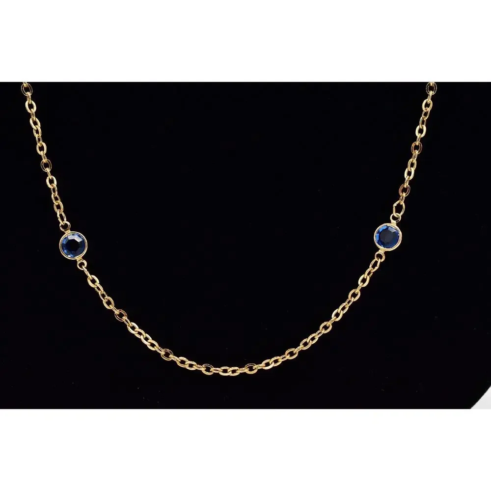 Vintage Blue Open Bezel Crystal Necklace Station Chain Gold Tone 1980s BinBJ